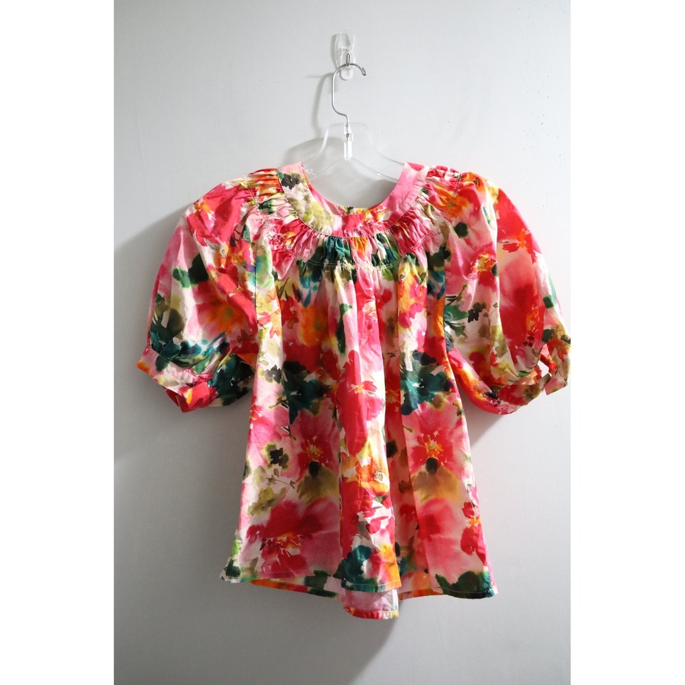 J.Crew Regenerative Cotton Floral Watercolor Puff Sleeve Top Pink XS